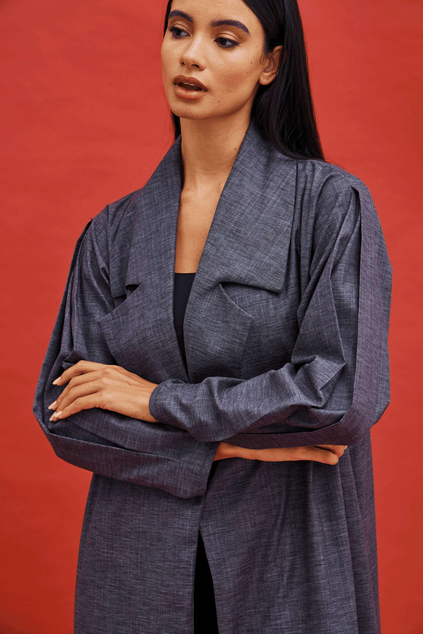 DARK BLUE COLLAR LINEN ABAYA