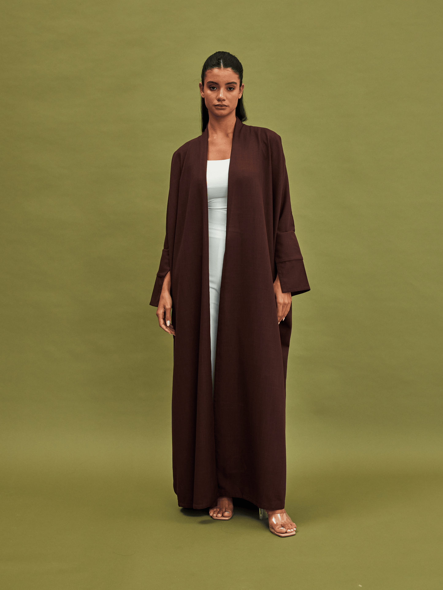 BROWN SLEEVE CUT LINEN ABAYA