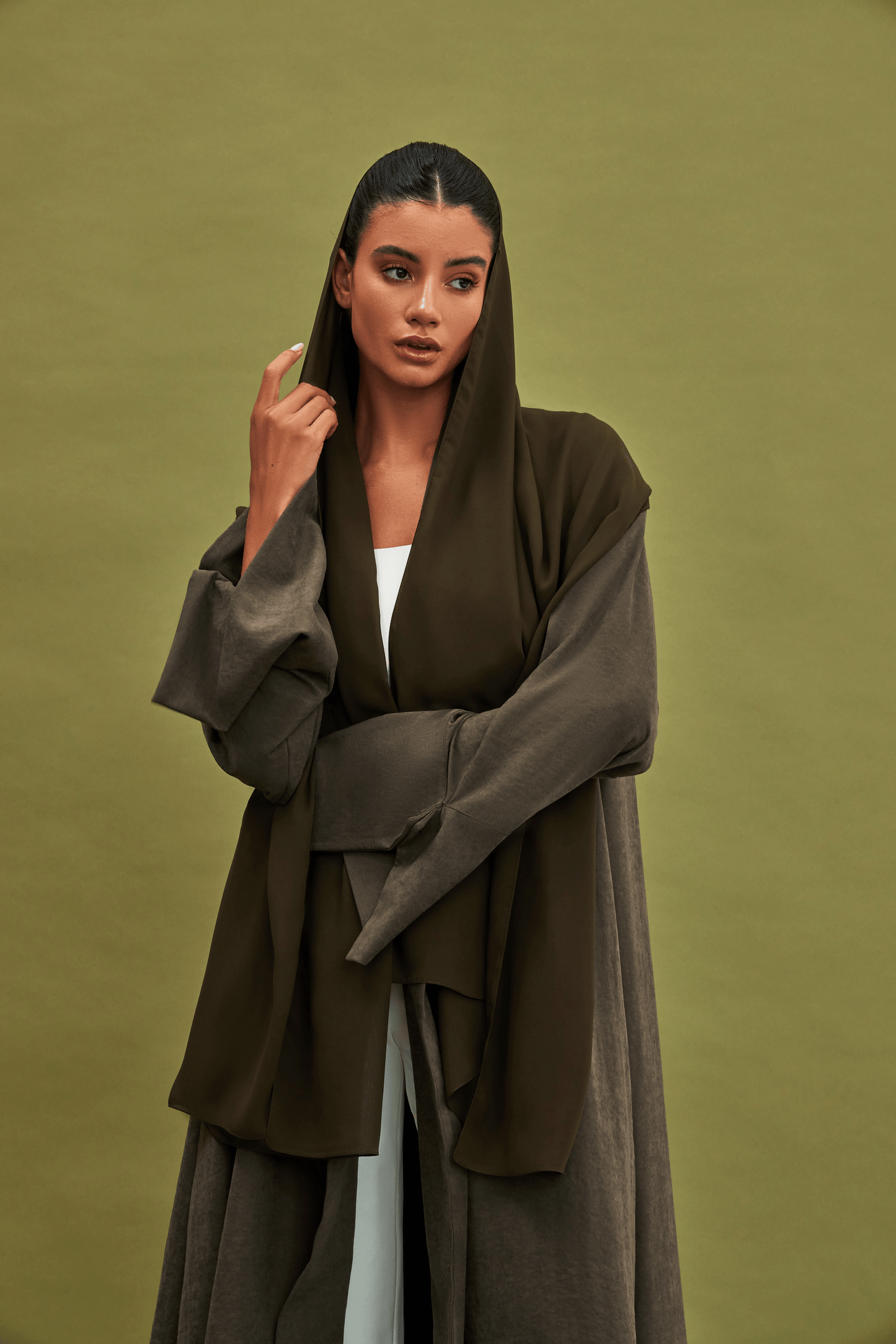 DUST GREEN PLEATED SUEDE ABAYA