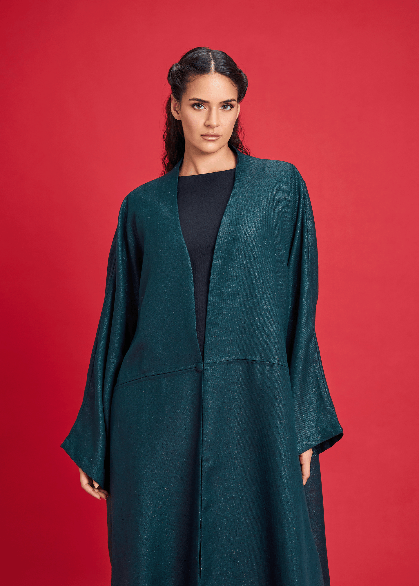 DARK GREEN LOOSE-FIT SHIMMER LINEN ABAYA
