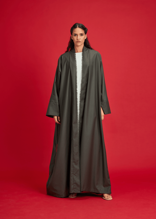 ARMY GREEN PANELLED LINEN ABAYA