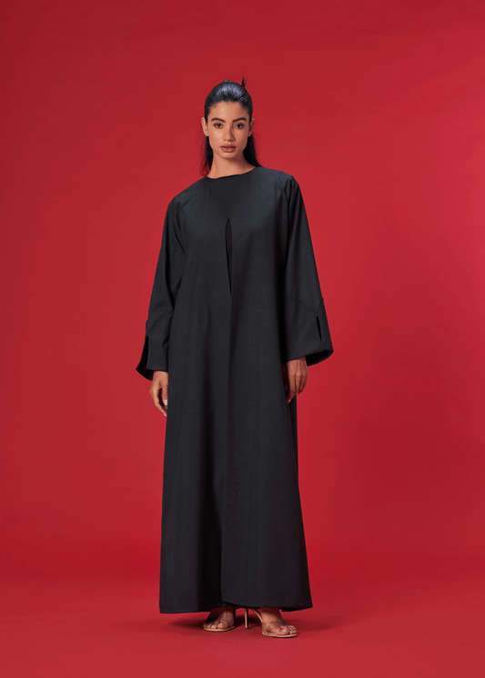 BLACK OVERLAP COAT LINEN ABAYA