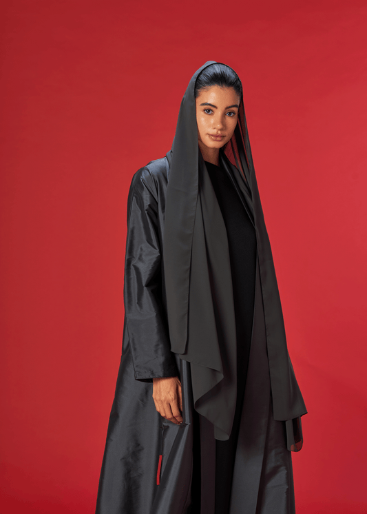 GREY PANELLED TAFFETA ABAYA