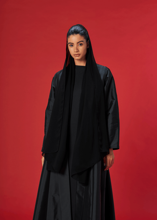 BLACK PANELLED TAFFETA ABAYA