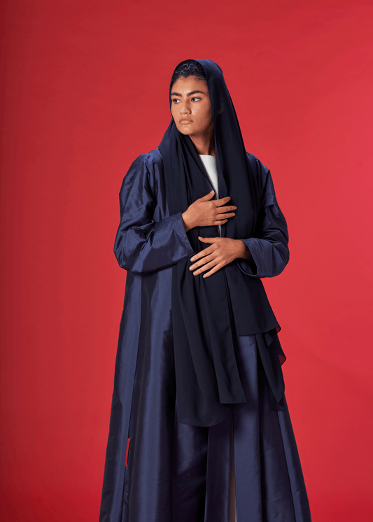 NAVY BLUE PANELLED TAFFETA ABAYA