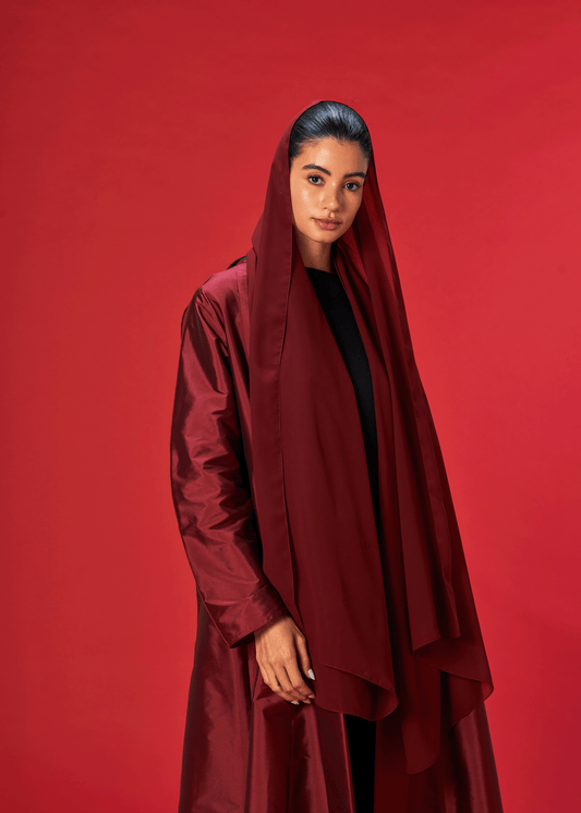 DEEP RED PANELLED TAFFETA ABAYA